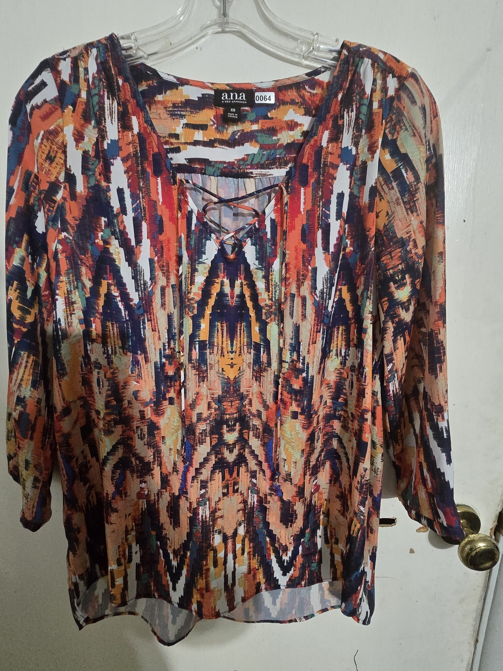 a.n.a Multicolor Lace-Up V-Neck Blouse - Orange/Navy Pattern